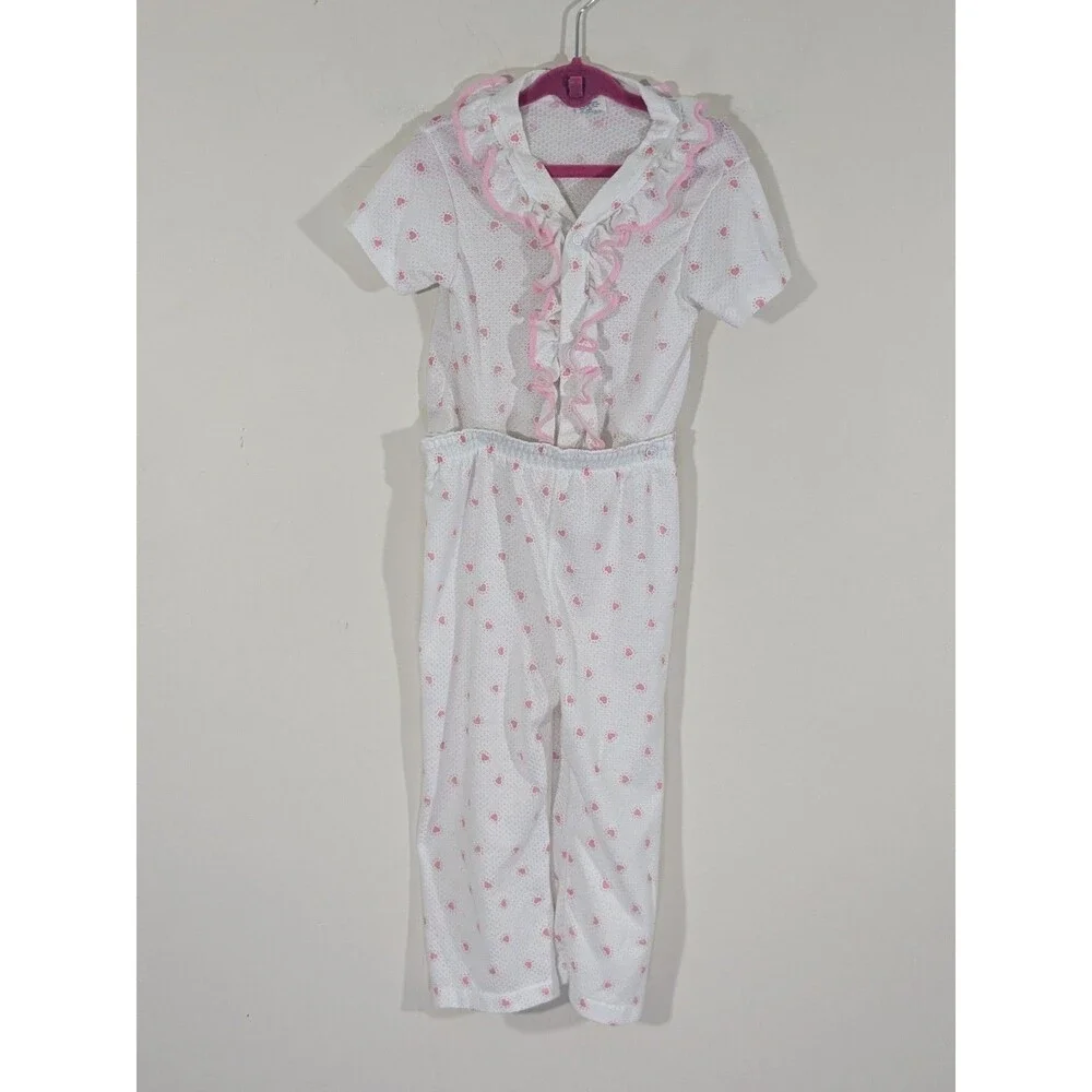 Vintage Carters Girls 4T Snap Waist Pajamas 2 Piece Pink Hearts Ruffles USA